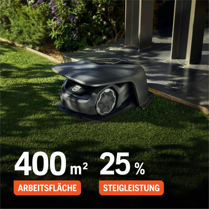 Husqvarna Mähroboter Automower Aspire R4 für 400 m² Fläche I Akku Rasenmäher Roboter, Steuerung per Connect App (inkl. Sprachsteuerung, WLAN, Bluetooth) mit Installations-Kit